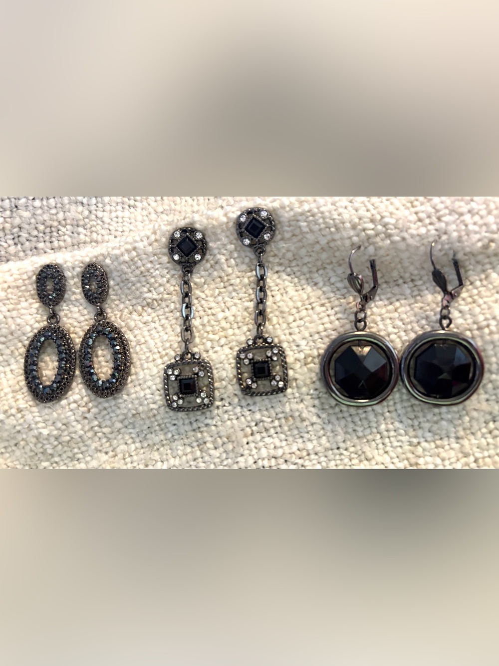 🖤Set of 3 🖤Y2K Gunmetal Black Crystal & Rhinestone Dangle / Leverback Earrings